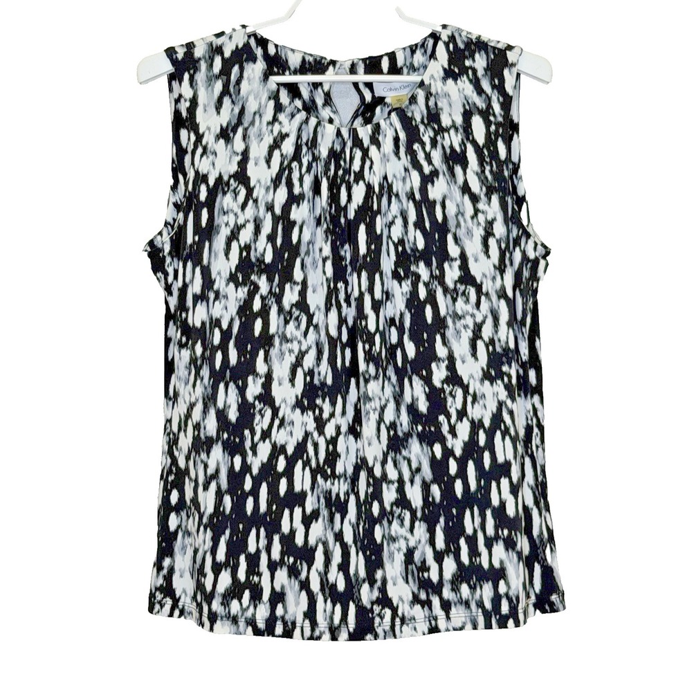 Calvin Klein Blouse Womens Size XL Black Print Sleeveless Pleat‎ Round Neck NEW